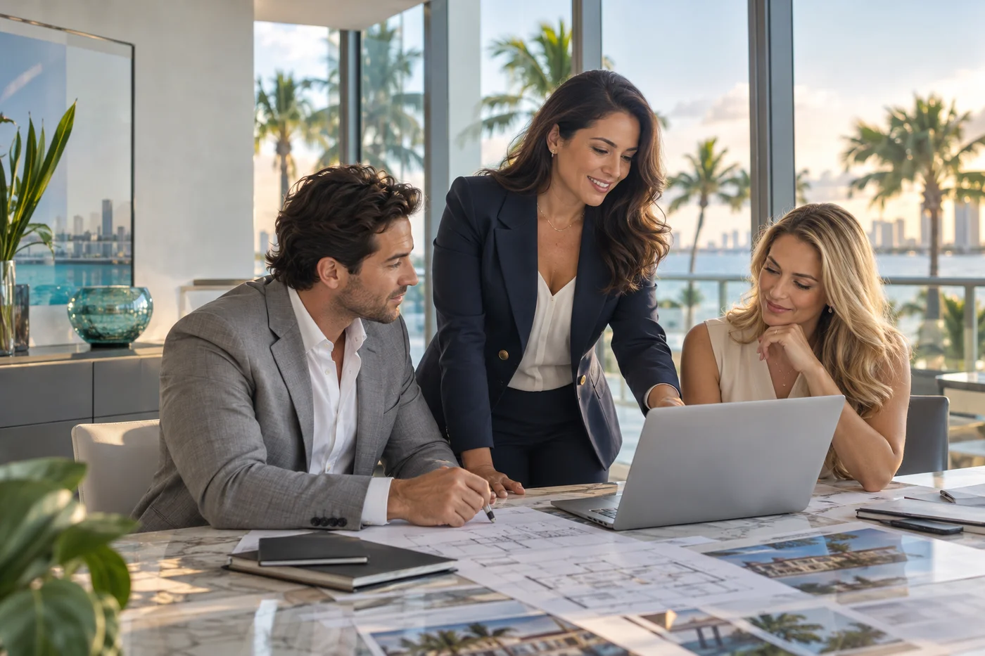 Representación de una broker colaborando con sus agentes en una oficina